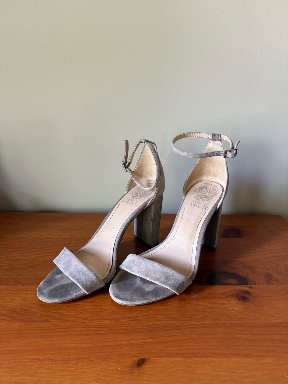 Vince Camuto Light Gray Suede Ankle-Strap Block Heels